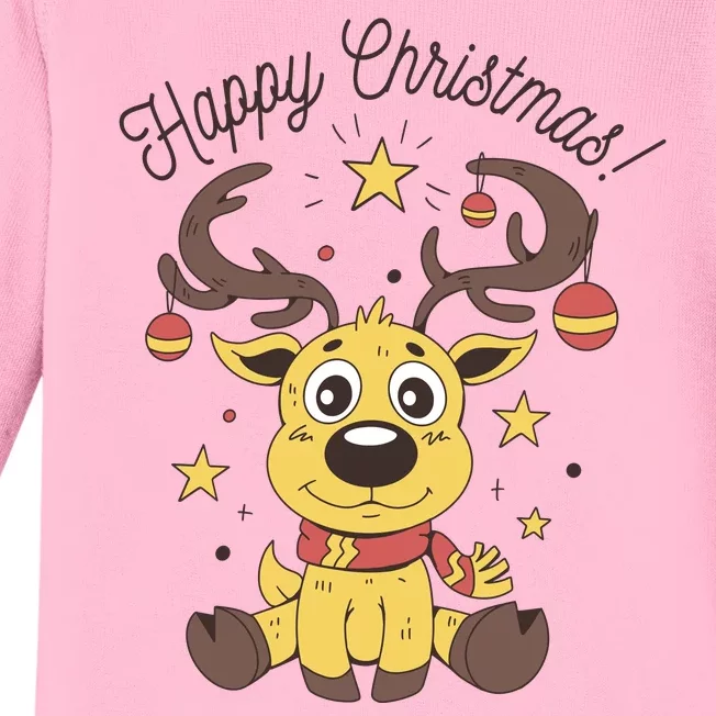 Happy Christmas Reindeer Holiday Baby Long Sleeve Bodysuit