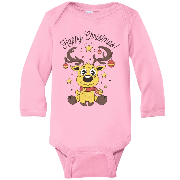 Happy Christmas Reindeer Holiday Baby Long Sleeve Bodysuit