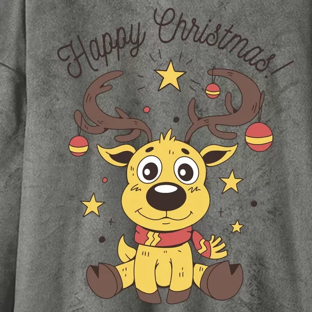 Happy Christmas Reindeer Holiday Hooded Wearable Blanket