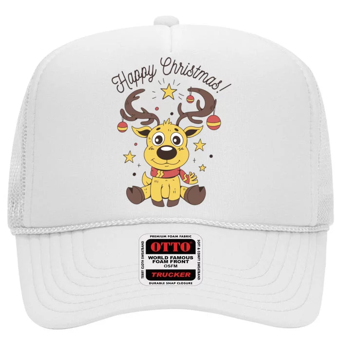 Happy Christmas Reindeer Holiday High Crown Mesh Trucker Hat