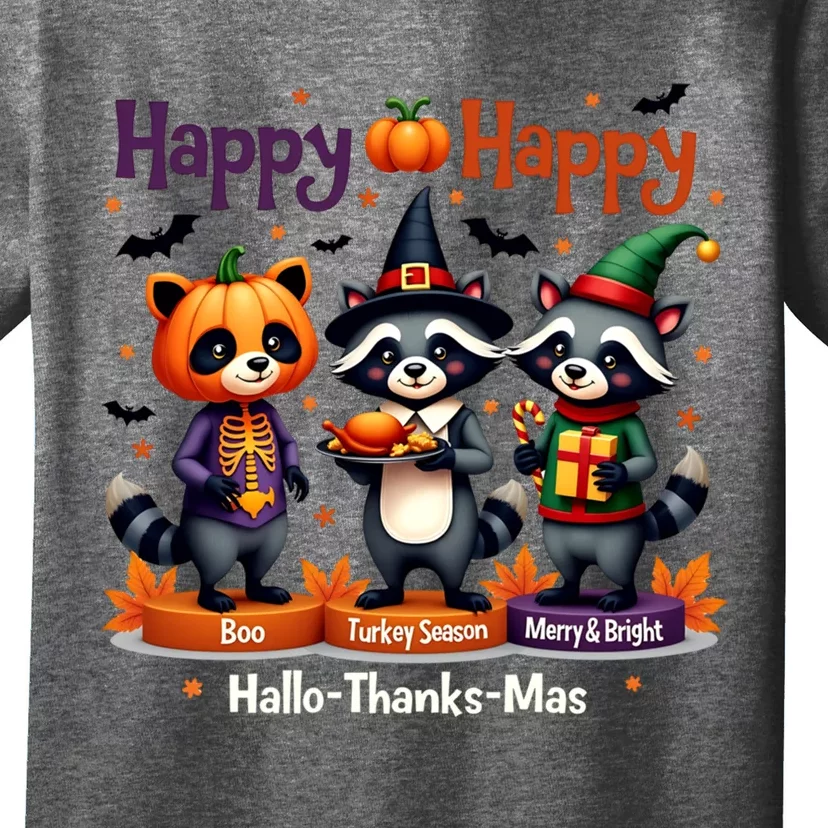 Hallothanksmas Cute Raccoon Halloween Christmas Thanksgiving T-Shirt