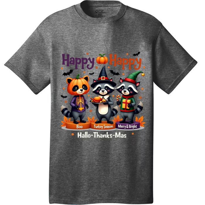 Hallothanksmas Cute Raccoon Halloween Christmas Thanksgiving T-Shirt