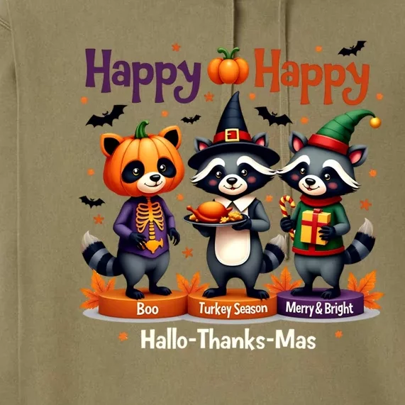 Hallothanksmas Cute Raccoon Halloween Christmas Thanksgiving Premium Hoodie