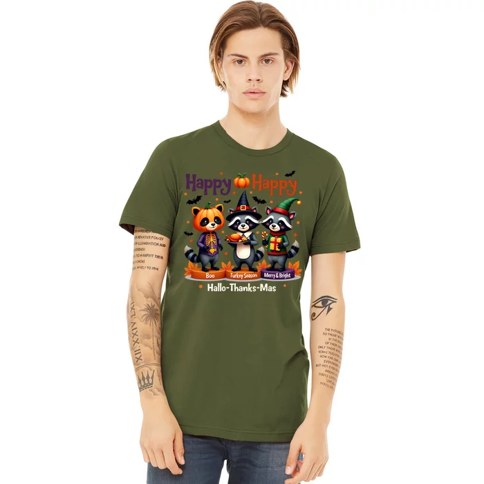 Hallothanksmas Cute Raccoon Halloween Christmas Thanksgiving Premium T-Shirt