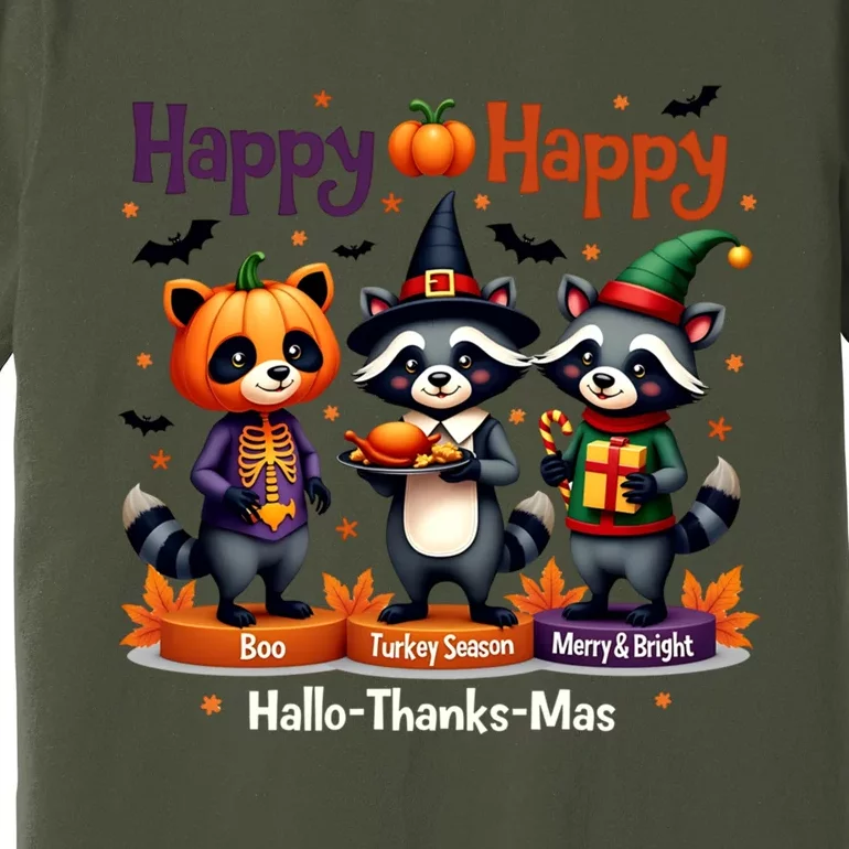 Hallothanksmas Cute Raccoon Halloween Christmas Thanksgiving Premium T-Shirt