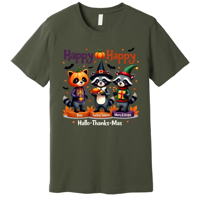 Hallothanksmas Cute Raccoon Halloween Christmas Thanksgiving Premium T-Shirt