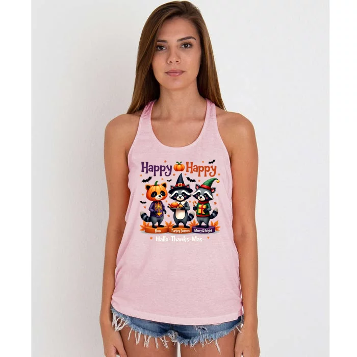 Hallothanksmas Cute Raccoon Halloween Christmas Thanksgiving Women's Knotted Racerback Tank