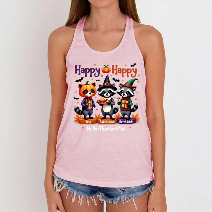 Hallothanksmas Cute Raccoon Halloween Christmas Thanksgiving Women's Knotted Racerback Tank