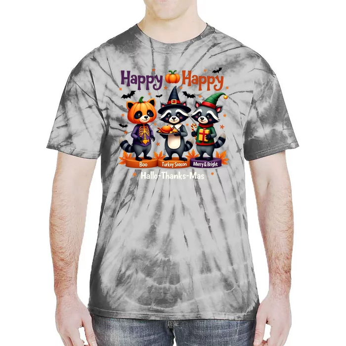 Hallothanksmas Cute Raccoon Halloween Christmas Thanksgiving Tie-Dye T-Shirt