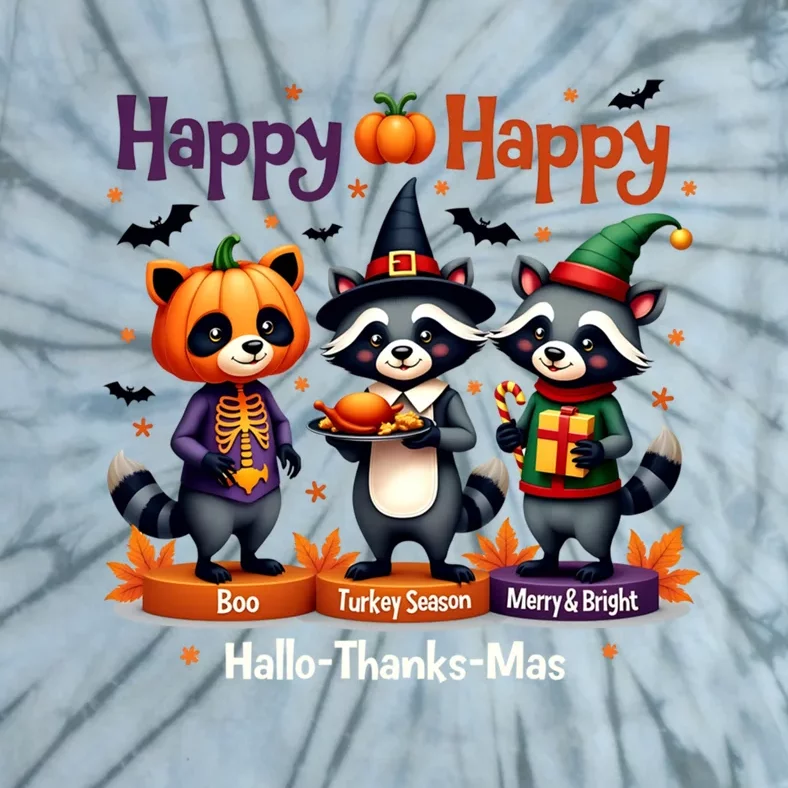 Hallothanksmas Cute Raccoon Halloween Christmas Thanksgiving Tie-Dye T-Shirt