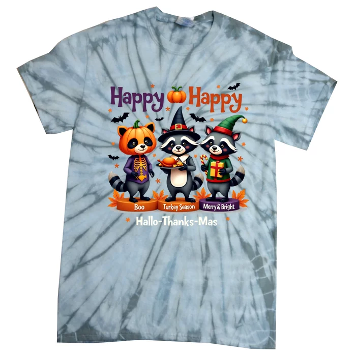 Hallothanksmas Cute Raccoon Halloween Christmas Thanksgiving Tie-Dye T-Shirt