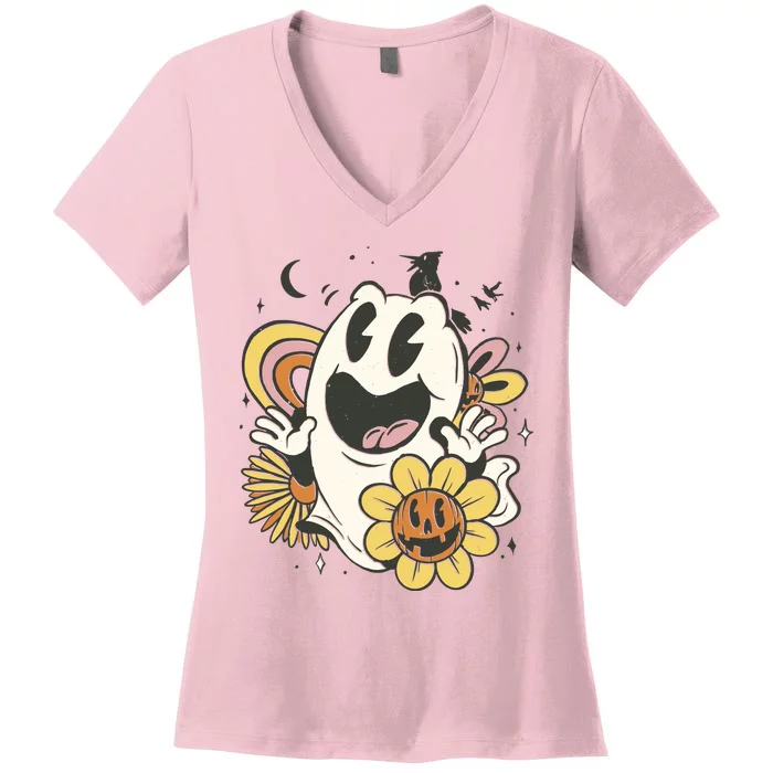 Halloween Cute Retro Ghost Women's V-Neck T-Shirt