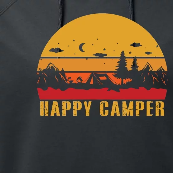 Happy Camper Retro Sunset Camping Performance Fleece Hoodie