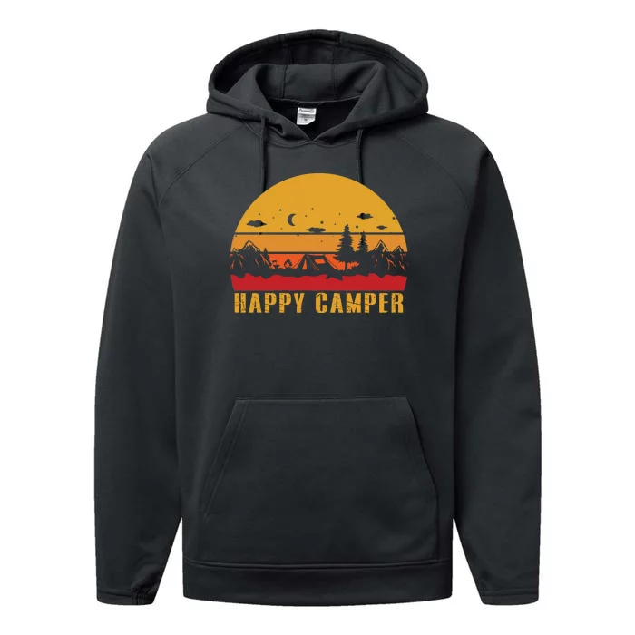 Happy Camper Retro Sunset Camping Performance Fleece Hoodie