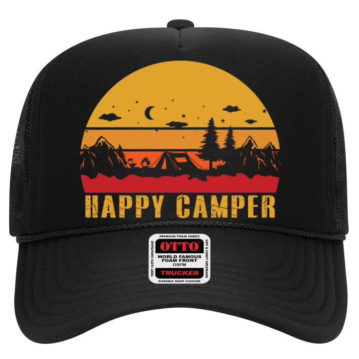 Happy Camper Retro Sunset Camping High Crown Mesh Trucker Hat