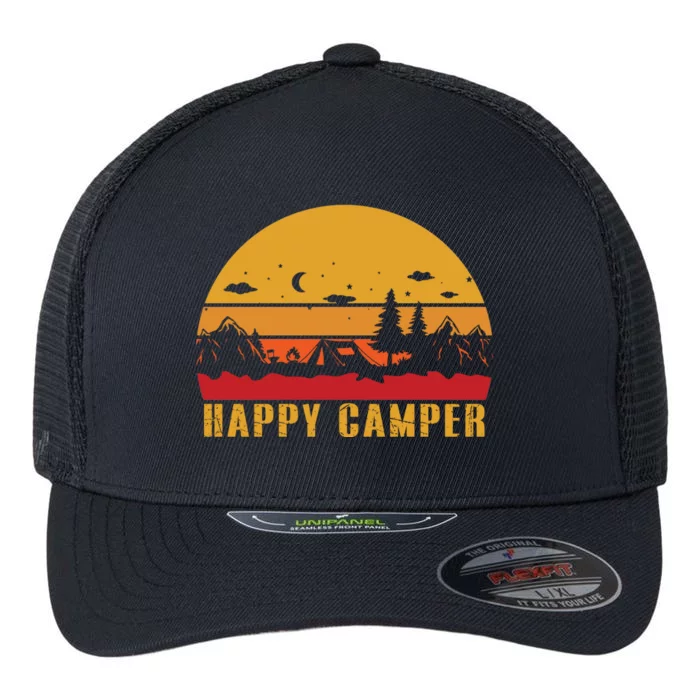 Happy Camper Retro Sunset Camping Flexfit Unipanel Trucker Cap