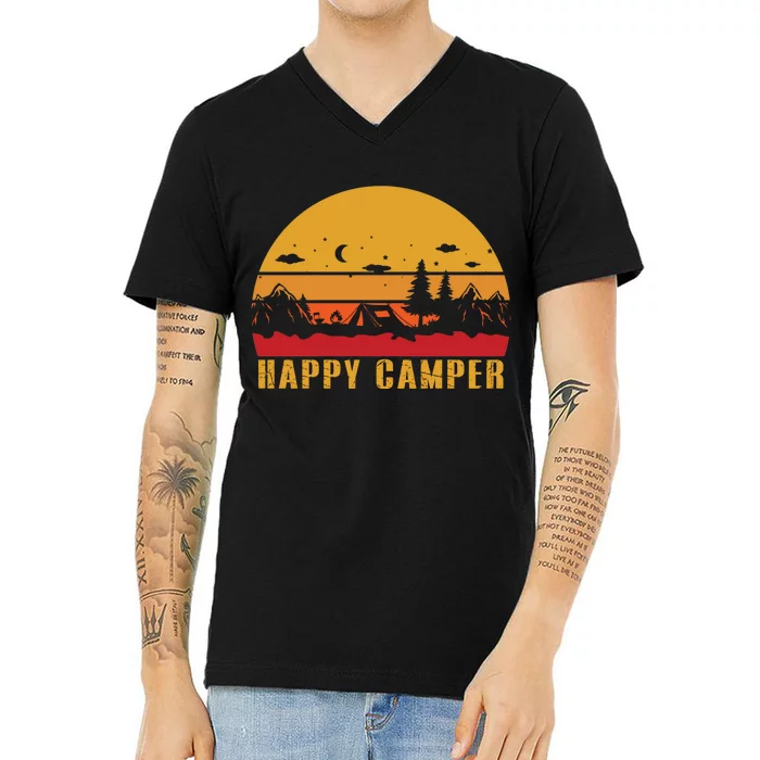 Happy Camper Retro Sunset Camping V-Neck T-Shirt