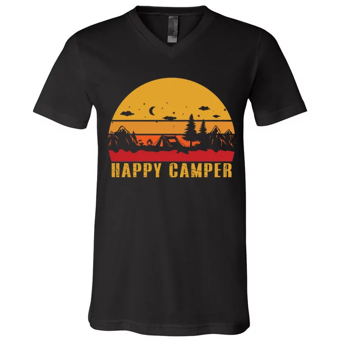 Happy Camper Retro Sunset Camping V-Neck T-Shirt