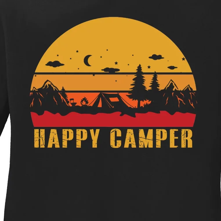 Happy Camper Retro Sunset Camping Ladies Long Sleeve Shirt