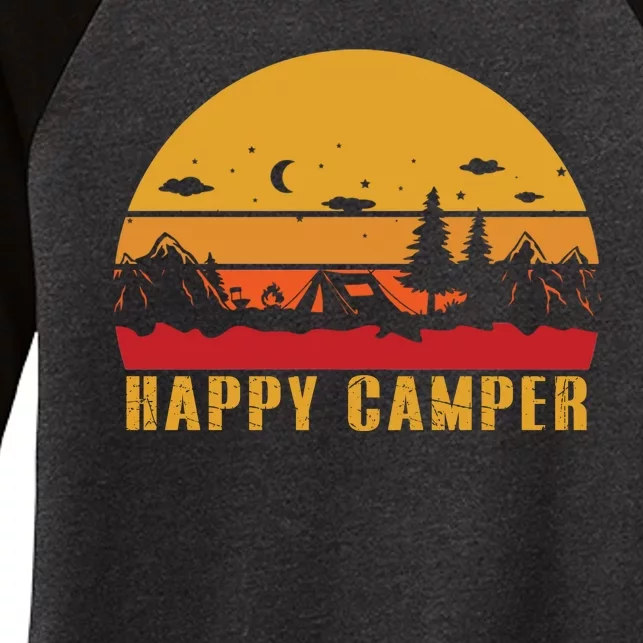 Happy Camper Retro Sunset Camping Women's Tri-Blend 3/4-Sleeve Raglan Shirt