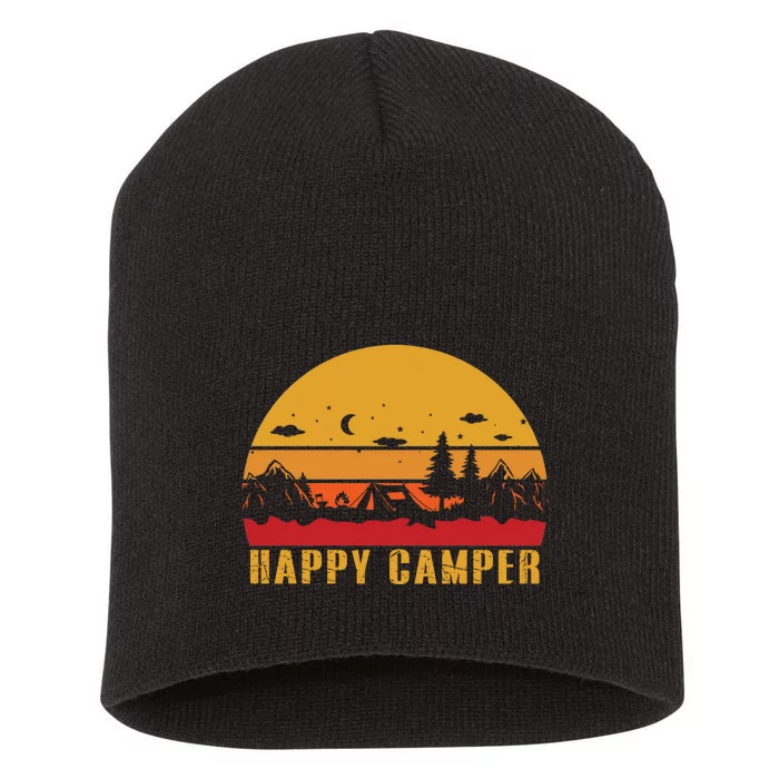 Happy Camper Retro Sunset Camping Short Acrylic Beanie