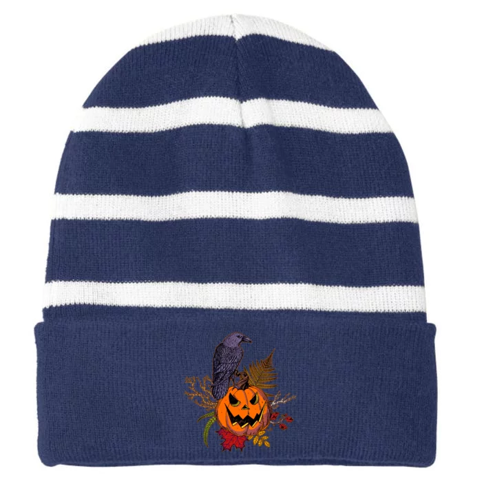 Halloween Crow Raven Pumpkin Fall Autumn Lover Striped Beanie with Solid Band