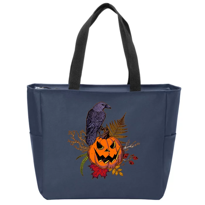 Halloween Crow Raven Pumpkin Fall Autumn Lover Zip Tote Bag