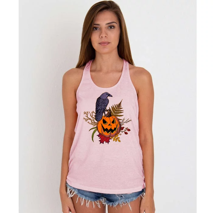 Halloween Crow Raven Pumpkin Fall Autumn Lover Women's Knotted Racerback Tank