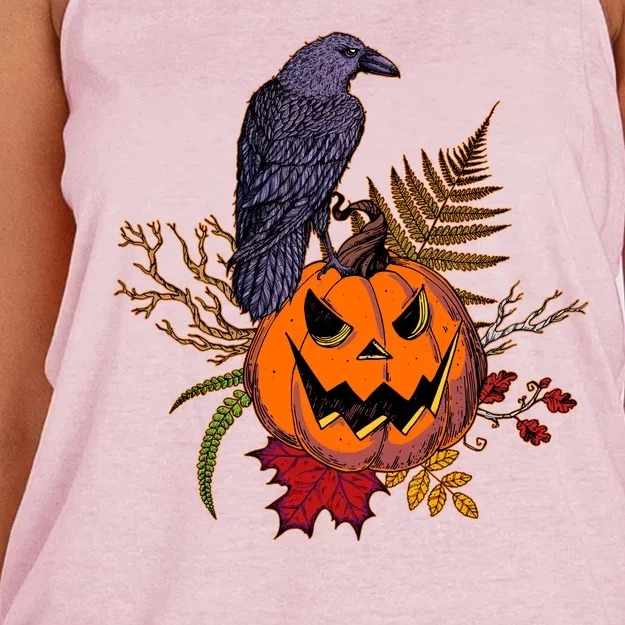 Halloween Crow Raven Pumpkin Fall Autumn Lover Women's Knotted Racerback Tank