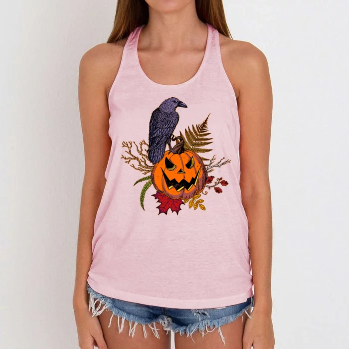 Halloween Crow Raven Pumpkin Fall Autumn Lover Women's Knotted Racerback Tank