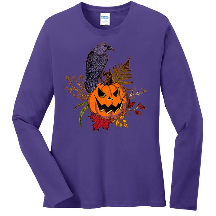 Halloween Crow Raven Pumpkin Fall Autumn Lover Ladies Long Sleeve Shirt