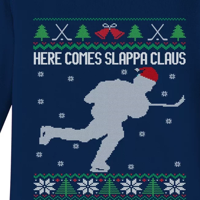 Here Comes Slappa Claus Slap Shot Ice Hockey Ugly Christmas Funny Gift Baby Long Sleeve Bodysuit