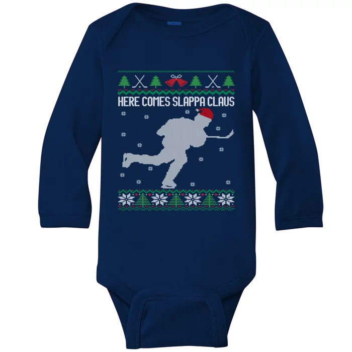 Here Comes Slappa Claus Slap Shot Ice Hockey Ugly Christmas Funny Gift Baby Long Sleeve Bodysuit