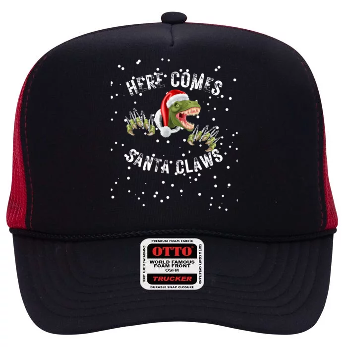 Here Comes Santa Trex Dinosaur Santa Claus Claws Gift High Crown Mesh Trucker Hat