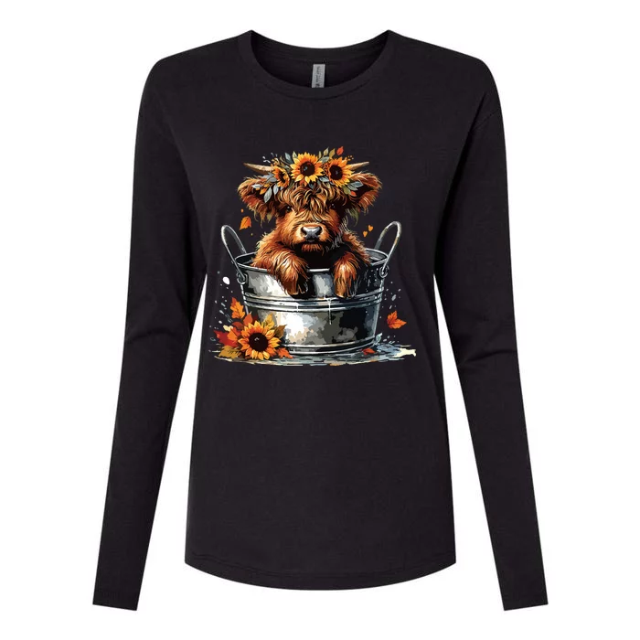 Highland Cow Sunflower Its Fall Yall Farming Fall Vibes Womens Cotton Relaxed Long Sleeve T-Shirt