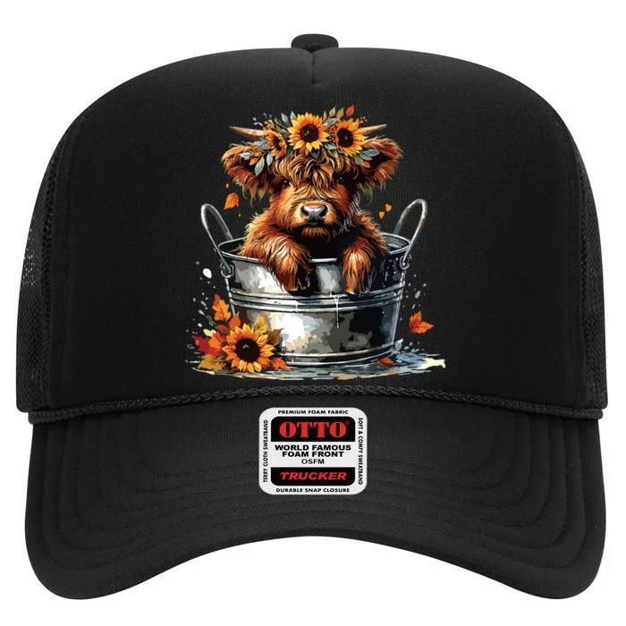 Highland Cow Sunflower Its Fall Yall Farming Fall Vibes High Crown Mesh Trucker Hat