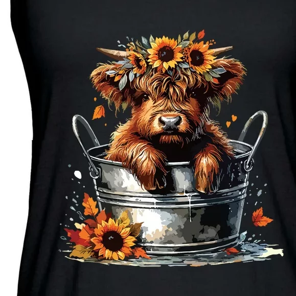 Highland Cow Sunflower Its Fall Yall Farming Fall Vibes Ladies Essential Flowy Tank