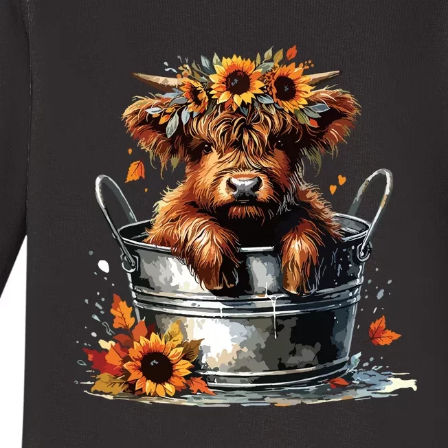 Highland Cow Sunflower Its Fall Yall Farming Fall Vibes Baby Long Sleeve Bodysuit