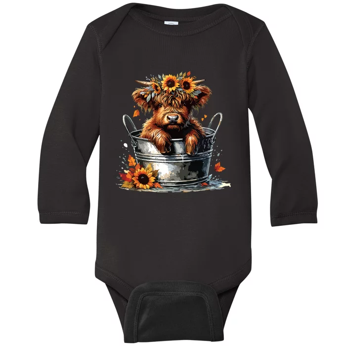 Highland Cow Sunflower Its Fall Yall Farming Fall Vibes Baby Long Sleeve Bodysuit