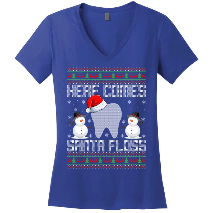 Here Comes Santa Floss Teeth Dental Dentist Ugly Christmas Gift Women's V-Neck T-Shirt