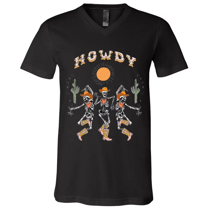 Howdy Cowboy Skeleton Dancing Country Western V-Neck T-Shirt