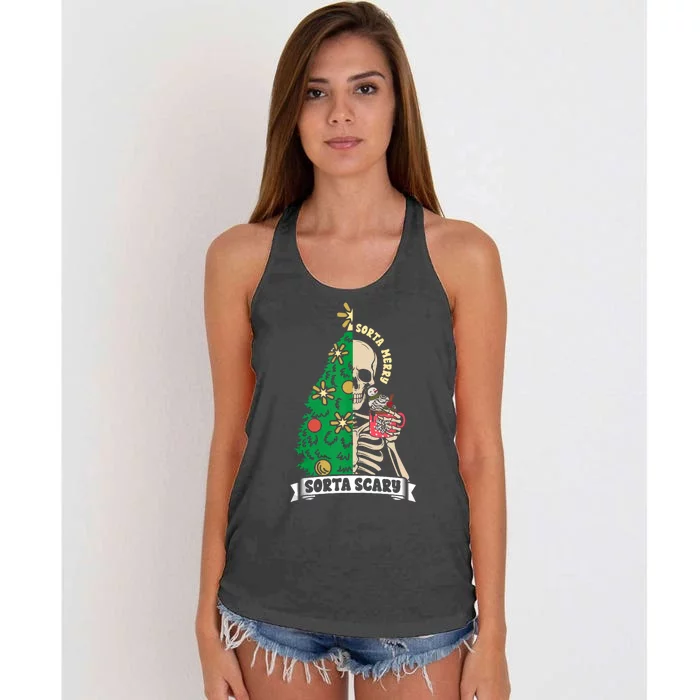 Halloween Christmas Skeleton Sorta Merry Scary Xmas Tree Tank Top Women's Knotted Racerback Tank