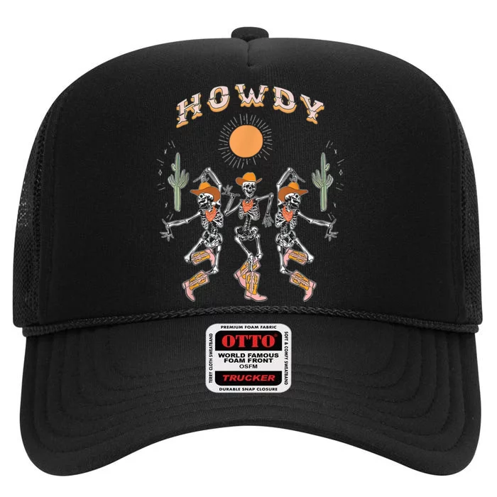 Howdy Cowboy Skeleton Dancing Country Western High Crown Mesh Trucker Hat