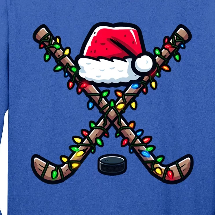 Hockey Christmas Santa Hat Hockey Sticks Matching Family Gift Tall Long Sleeve T-Shirt