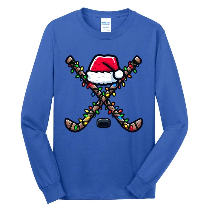 Hockey Christmas Santa Hat Hockey Sticks Matching Family Gift Tall Long Sleeve T-Shirt