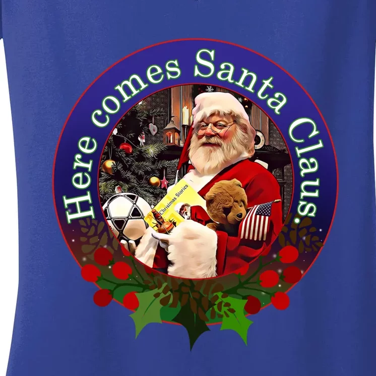 Here Comes Santa Claus Design Cool Gift Women's V-Neck T-Shirt