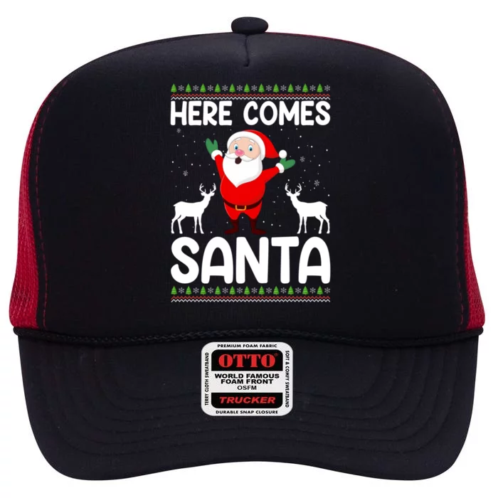 Here Comes Santa Funny Christmas Santa Hat Holiday Season Great Gift High Crown Mesh Trucker Hat