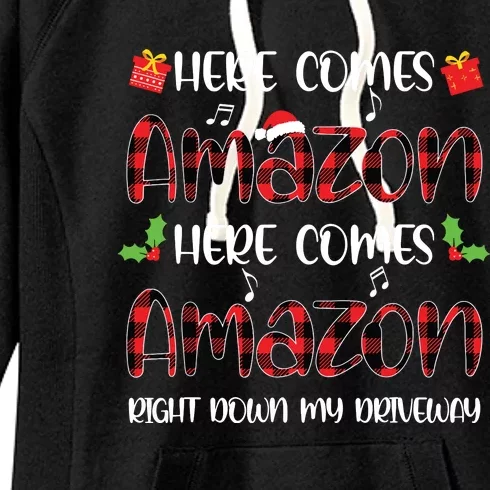 Here Comes Sleigh Right Down My Driveway Red Plaid Christmas Women's Fleece Hoodie