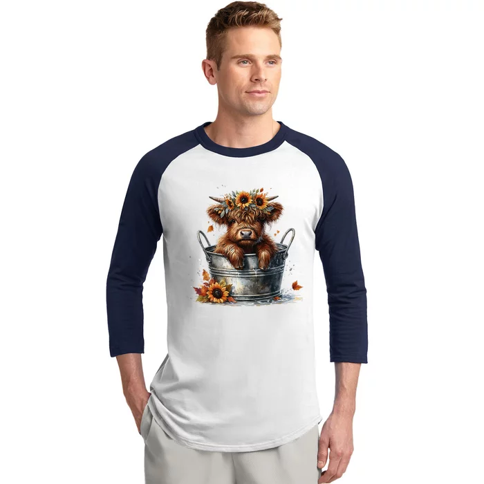 Highland Cow Sunflower ItS Fall YAll Farming Fall Vibes Baseball Sleeve Shirt