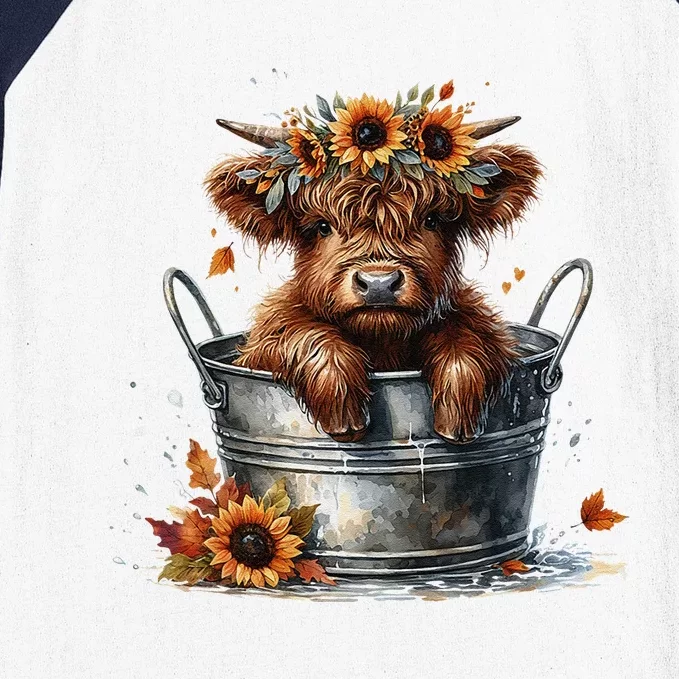 Highland Cow Sunflower ItS Fall YAll Farming Fall Vibes Baseball Sleeve Shirt